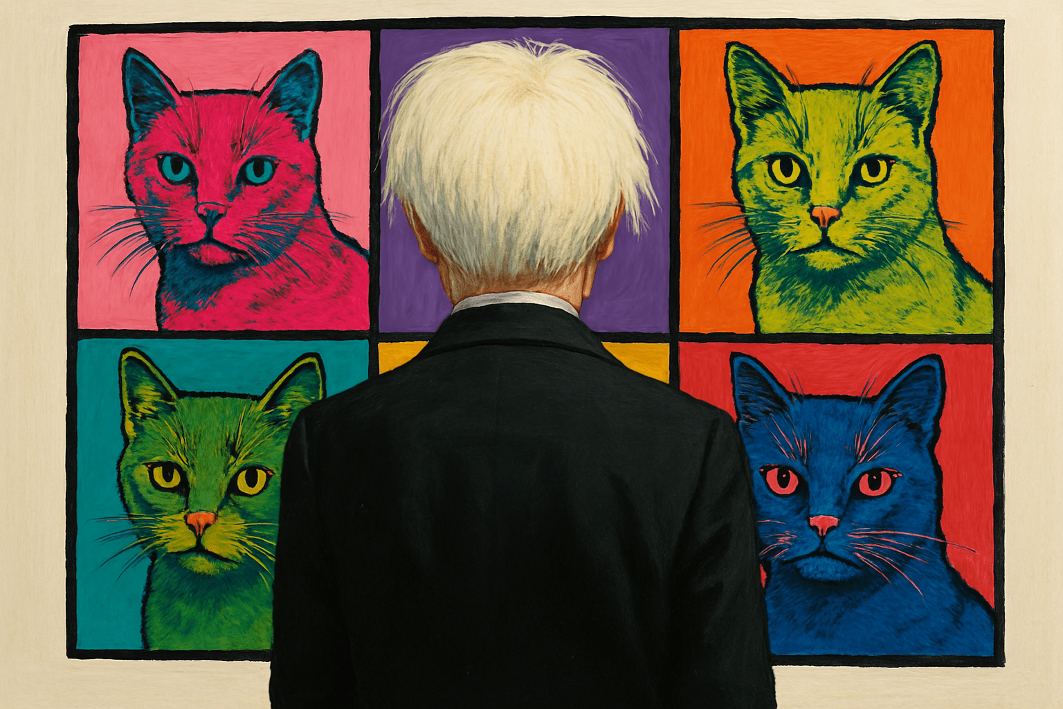 Illustration. Man sieht von hinten Andy Warhol, wie er auf eines seiner Katzenwerke betrachtet.