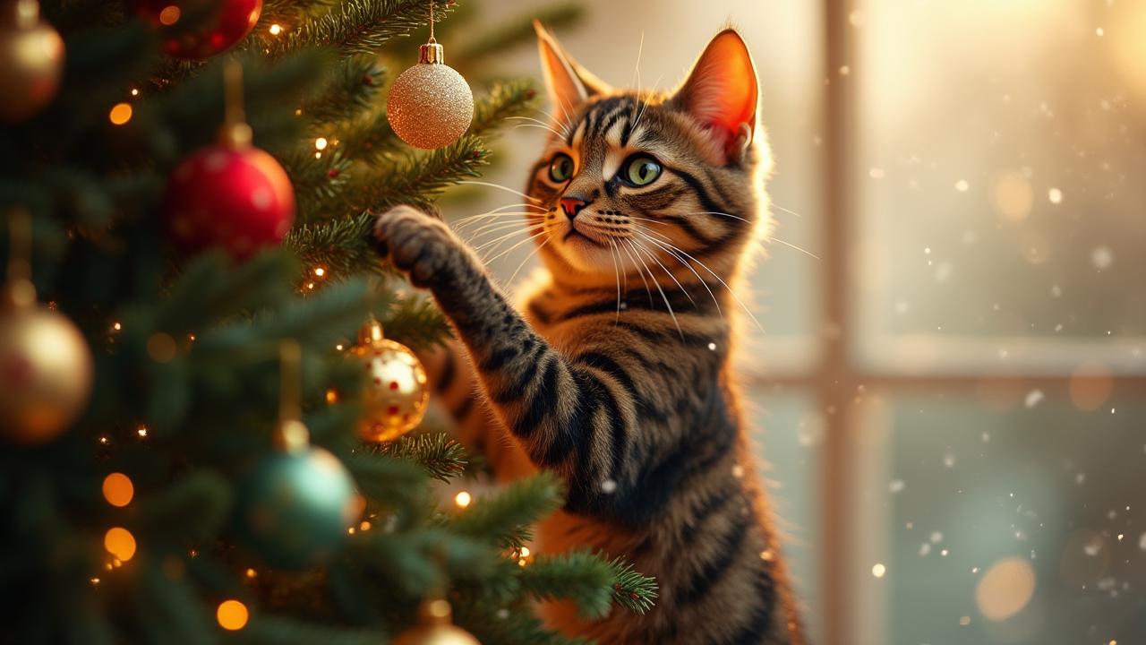 Eine getigerte Katze streckt ihre Pfote nach einer goldenen Weihnachtskugel an einem geschmückten Baum aus, beleuchtet von warmem Licht und umgeben von festlicher Dekoration.