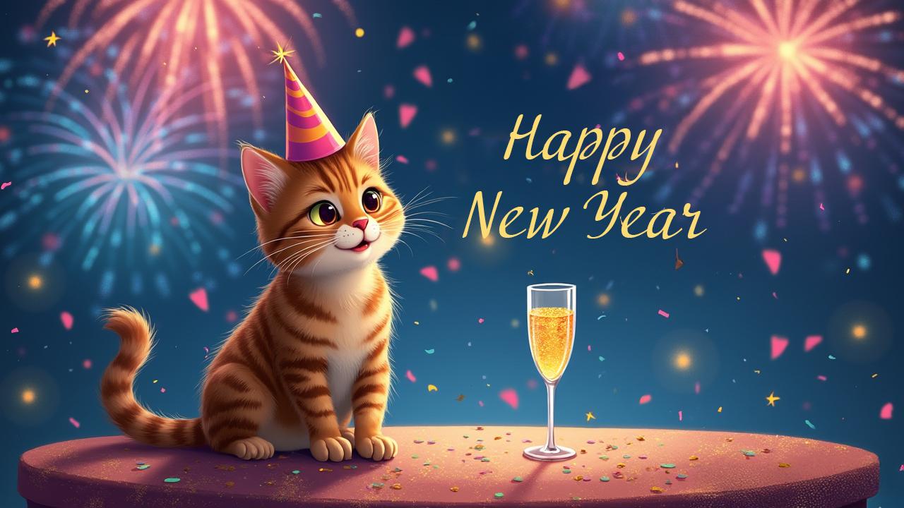 Eine süße, orange getigerte Katze mit Partyhut sitzt neben einem Champagnerglas auf einem Tisch. Buntes Feuerwerk erhellt den Nachthimmel und die Worte „Frohes neues Jahr“ sind in eleganter Handschrift geschrieben. Überall liegt Konfetti verstreut.