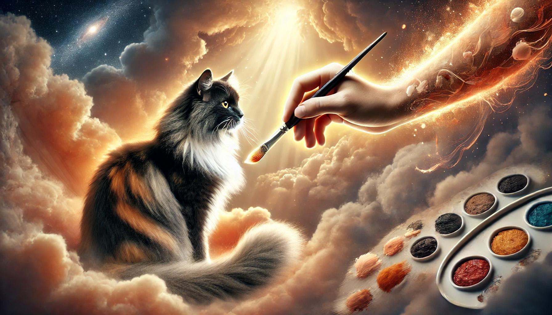 Eine flauschige Katze sitzt auf Wolken und blickt neugierig auf eine Hand, die einen Pinsel hält und in der Nähe ihrer Nase schwebt. Die Szene ist in goldenes Licht getaucht, und eine Farbpalette schwebt in einer verträumten, himmlischen Umgebung in der Nähe.