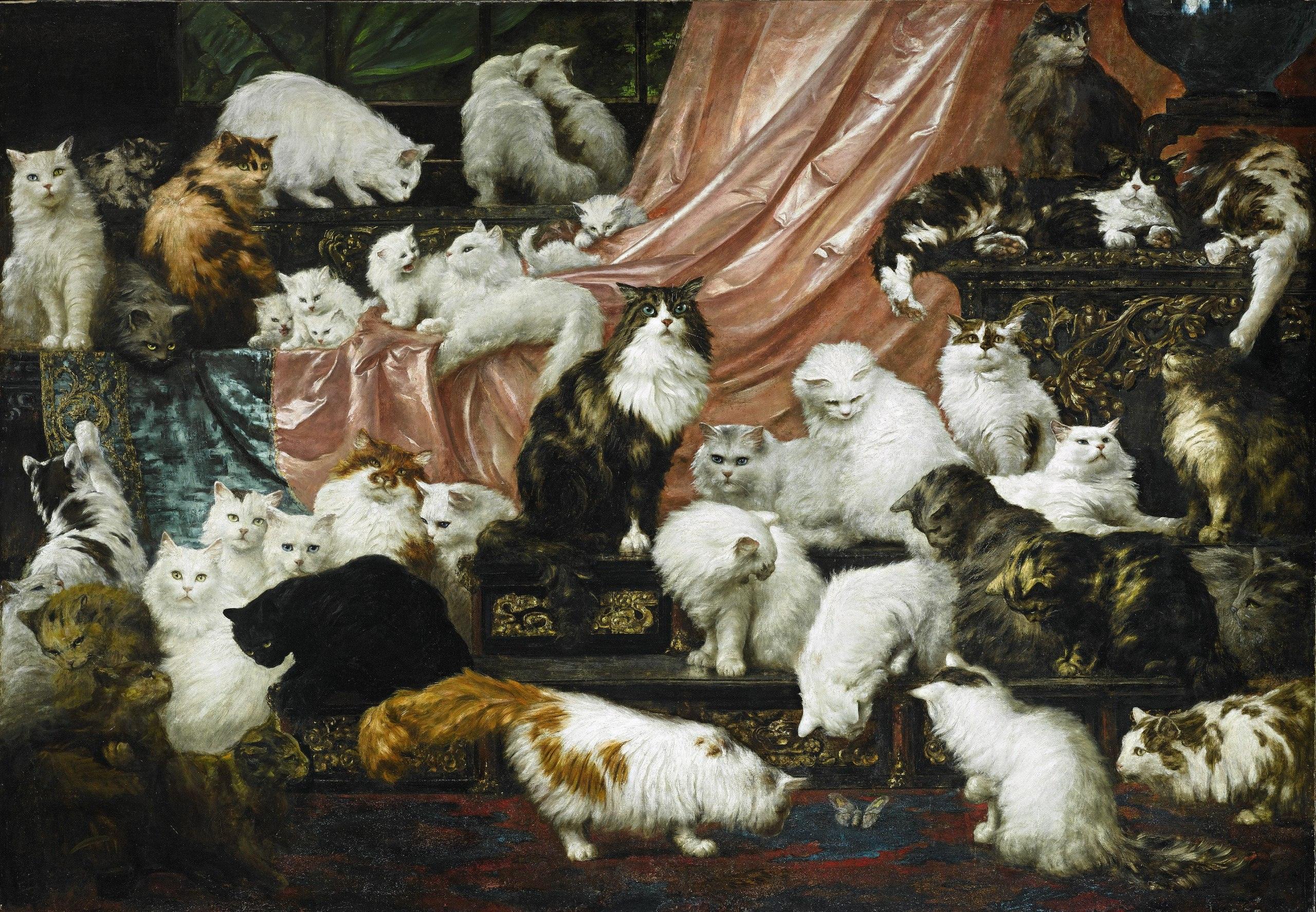 Eine große Gruppe flauschiger Katzen, überwiegend weiß, aber auch einige schwarze und getigerte, versammelt sich auf kunstvoll verzierten Möbeln, die mit rosa und blauem Stoff geschmückt sind. Die Szene ist üppig und voller unterschiedlicher langhaariger Katzen.