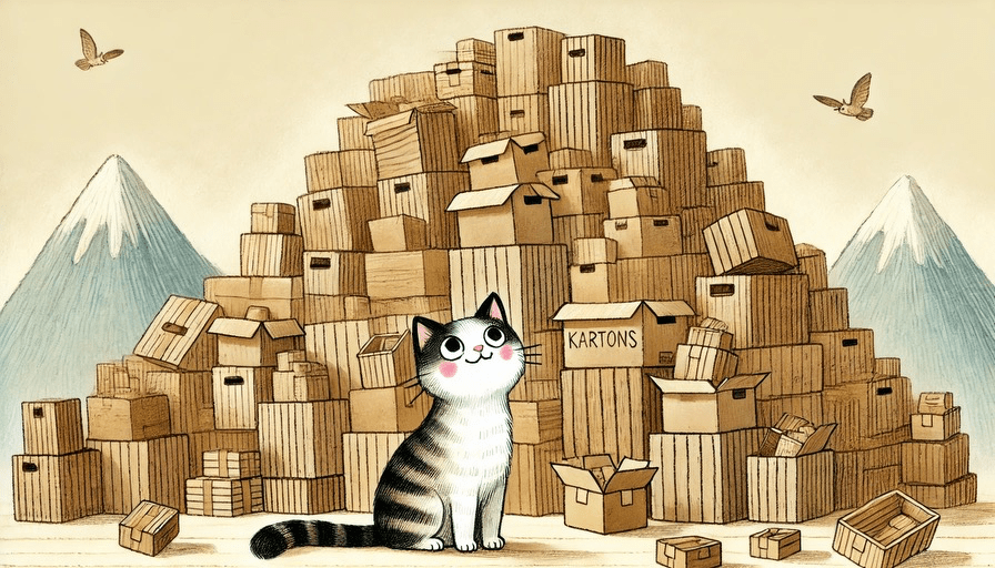 Illustration einer Katze, die vor einem großen Stapel Kartons mit der Aufschrift „Kartons“ sitzt. Im Hintergrund fliegen zwei Vögel, hinter den Kartons sind Berge zu sehen. Die Szene wirkt verspielt und skurril.