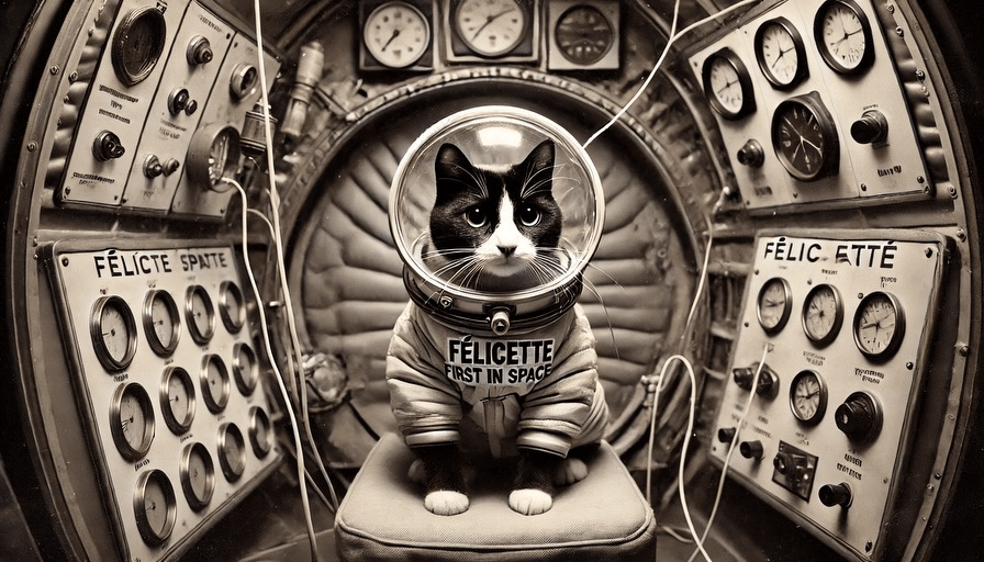 Eine schwarz-weiße Katze im Raumanzug sitzt in einem alten Raumschiff-Cockpit voller Zifferblätter und Anzeigen. Auf dem Anzug steht „Félicette als Erste im Weltraum“. Die Kulisse ist retro und die Atmosphäre wissenschaftlich.