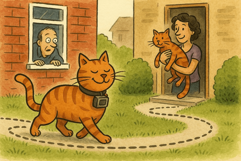 Eine selbstzufriedene Katze mit GPS-Halsband spaziert zwischen zwei Häusern hin und her – sehr zur Überraschung ihrer beiden 