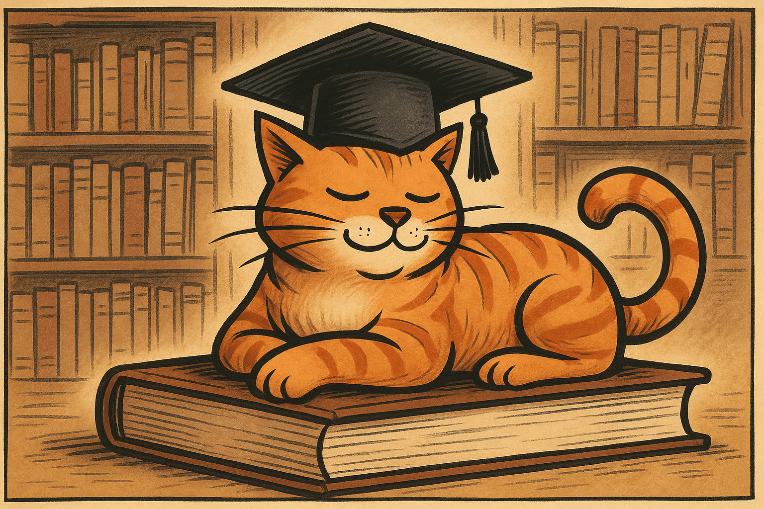 Eine zufriedene, orangefarbene Katze mit Doktorhut liegt auf einem dicken Buch inmitten einer Bibliothek, als hätte sie gerade ihr Studium der Philosophie abgeschlossen. Ein augenzwinkerndes Symbol für Weisheit, mit Schnurrhaaren.