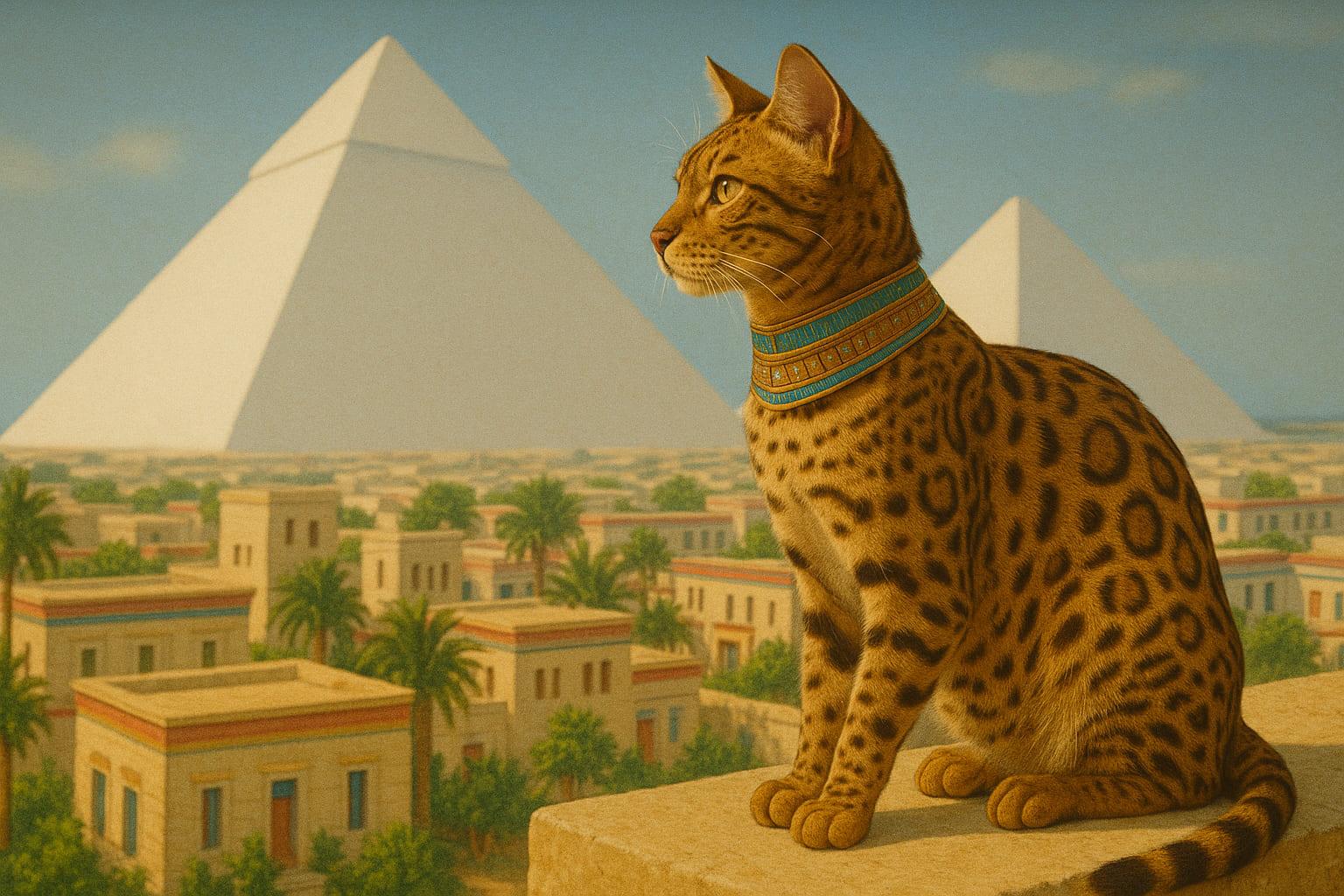 Majestätische Bengalkatze vor den Pyramiden: Ein Sinnbild ägyptischer Katzengötterkultur – mystisch, edel, unvergessen.