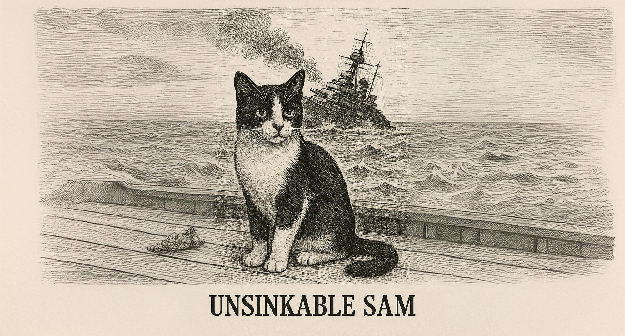 Das Bild zeigt eine schwarz-weiß gezeichnete Katze mit weißer Brust und dunklem Fell – bekannt als „Unsinkable Sam“