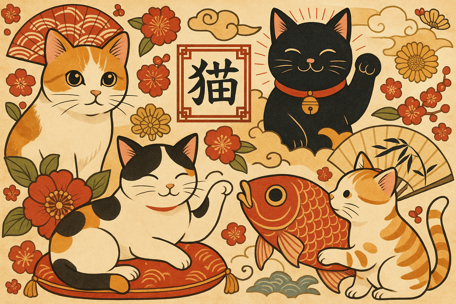 Illustration im japanischen Stil mit niedlichen Katzen, Koi-Fisch und traditionellen Symbolen wie Fächern und Kirschblüten