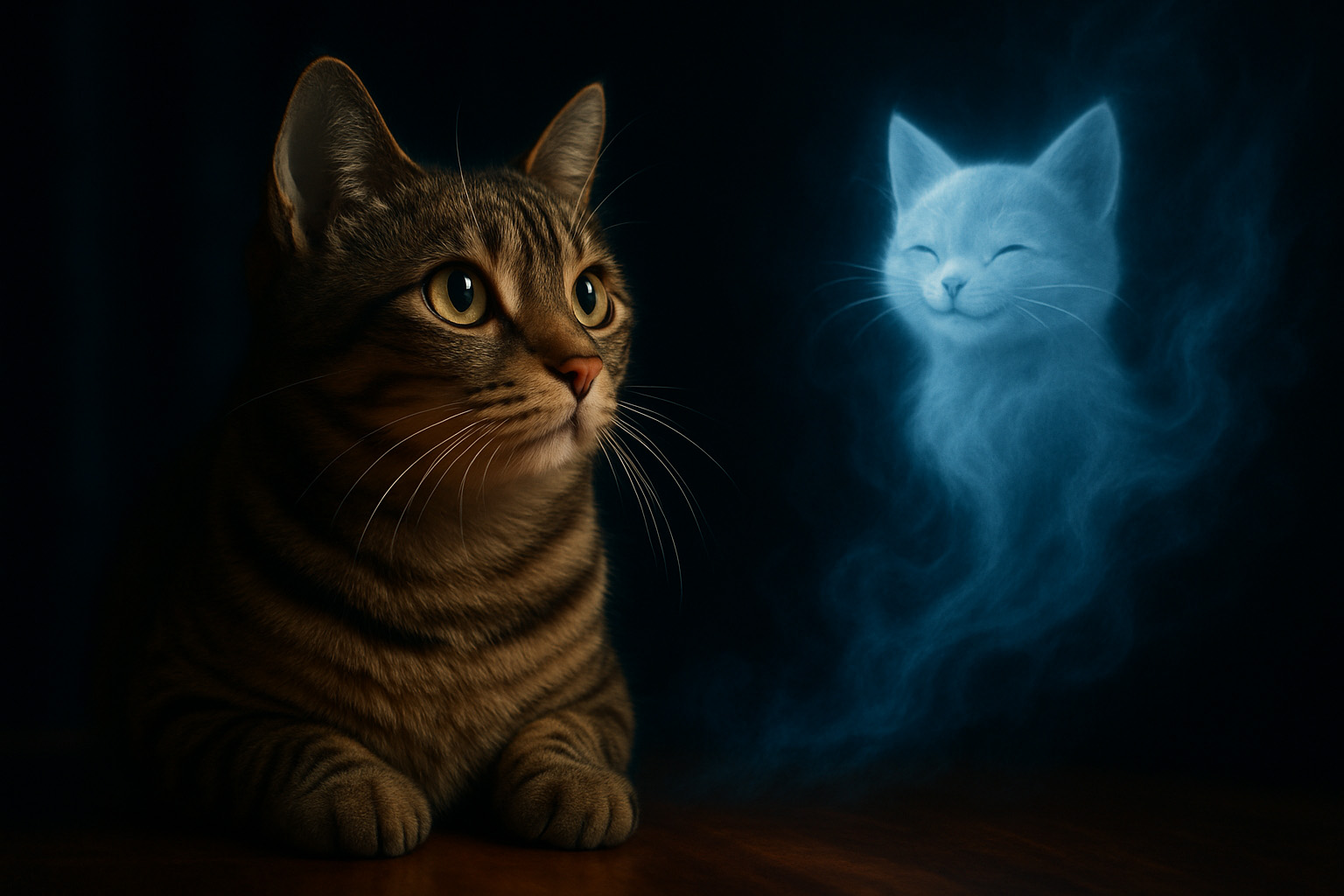 Eine getigerte Katze blickt verträumt auf einen leuchtenden Katzengeist in blauer Rauchform – stimmungsvolles Bild mit mystischer Atmosphäre.