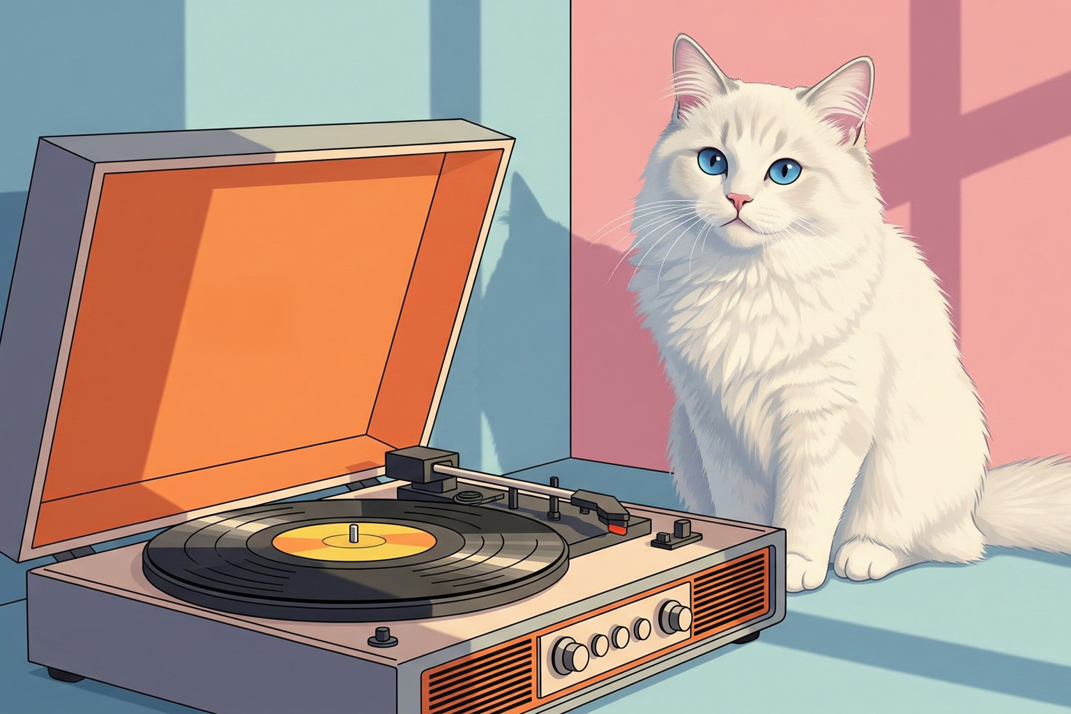 Weiße flauschige Katze mit blauen Augen neben Retro-Plattenspieler im Sonnenlicht, vor rosa-blauem Hintergrund.
