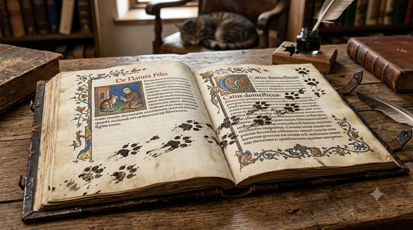 Aufgeschlagenes mittelalterliches illuminiertes Manuskript mit Katzenpfotenabdrücken in Tinte – De Natura Felis und Catus domesticus