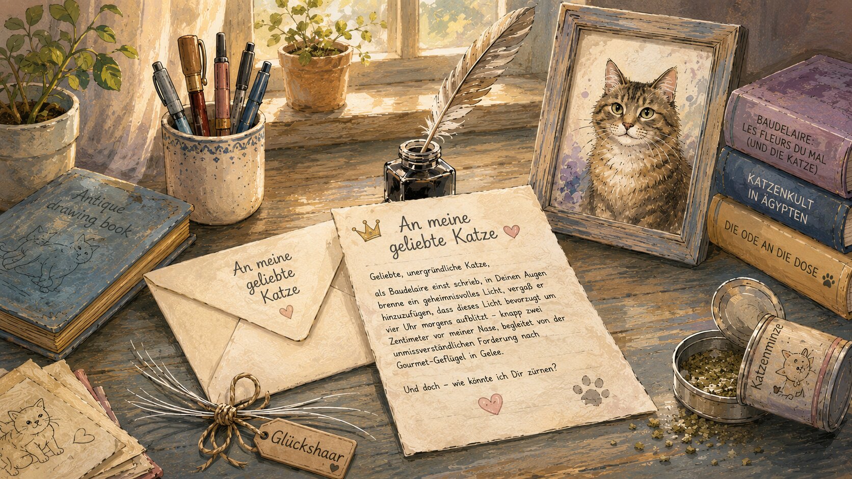 Illustrierter Schreibtisch mit Federkiel, Tintenfass und Liebesbrief „An meine geliebte Katze“ neben Umschlag und gerahmtem Katzenporträt zum Weltkatzentag